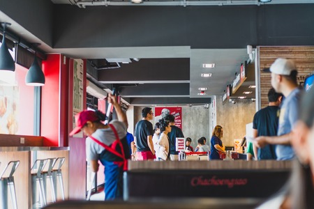 Chachoengsao, THAILAND - JULY 7, 2018: KFC at Motorway Rest Area where located middle way to PATTAYA town. It is the good place for tourist when want to find some drink. THAILAND - JULY 7, 2018のeditorial素材