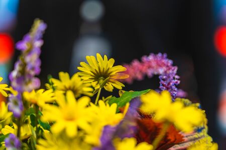 The colored plastic flowers in close up with selective focus on the subjectの写真素材