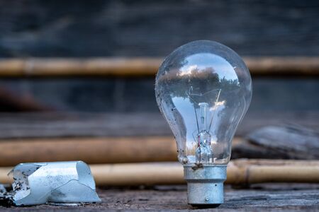 The Light bulb standing on wood - Concept of saving energy and have a big idea.の写真素材