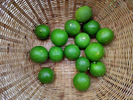 The Fresh green limes in the small colorful baskets on the woven bamboo plate. The Thai traditional fresh market.の写真素材