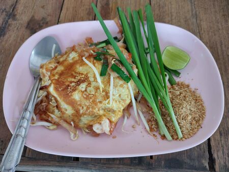 The Pad Thai on pink disk, thai foodの写真素材