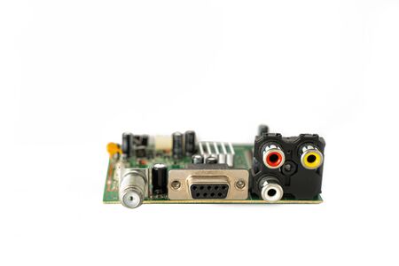 The Red,White and Yellow RCA connectors with antenna and DB9 connector on the back of the PCBA board.の写真素材