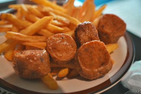 Selective focus on Deep Fried Crab Meat Rolls and French fries for eatingの写真素材