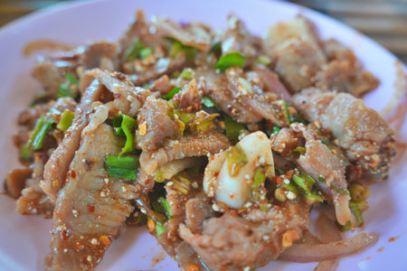 Spicy Grilled Pork Neck ready to eat, Traditional Thai foodの写真素材
