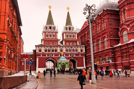 Moscow, Russian Federation - January 21, 2017: Towards the famous Kremlin areas, many people and visitors like to go on Red Square from Iberian Gate, it connects the north-west end of Red Square with Market Square.のeditorial素材