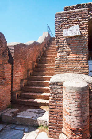 Staircase for the view of Neptune's spa in the archaeological site of Ostia Antica - Rome - Italyの写真素材