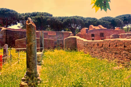 Archaeological Roman site sunset landscape in Ostia Antica - Rome - Italyの写真素材