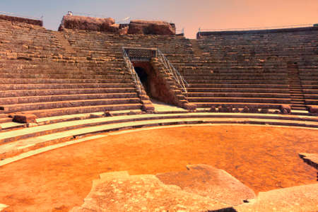 Sunset panorama of the Roman Imperial Theater in Ostia Antica - Rome - Italyの写真素材