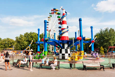 Moscow, Russian Federation - August 2, 2017:  Sokolniki Park with people enjoy the attractions ride parkのeditorial素材