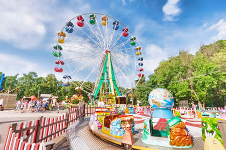 Moscow, Russian Federation - August 2, 2017:  Sokolniki Park with people enjoy the attractions ride parkのeditorial素材