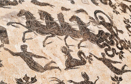 Detail of Neptune's triumph mosaic in the frigidarium of Neptune's baths in Ostia Antica - Rome, Italyのeditorial素材