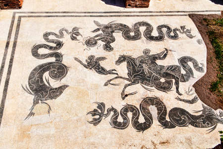 Anfitrite riding a hippocampus - detail of Neptune's mosaic in the frigidarium of Neptune's baths in Ostia Antica - Rome, Italyのeditorial素材