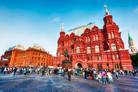 Moscow, Russian Federation - August 27, 2017 : Kremlin , Red Square and the  State Historical Museum with Marshal Zhukov monument in a summer day with many people.のeditorial素材