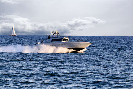 Rome; Italy - June 25; 2018: Patrol boat of the Italian Guardia di Finanza patrols Rome s sea. The Italian Guardia di Finanza is a special Police Corps that depends on the Armed Forces of the State.のeditorial素材