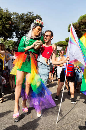 Ostia Lido Rome, Italy - July 14, 2018 : People have fun and participate at the Lazio Pride event. It s event for the rights, protection and pride of LGBTI people (Lesbian, Gay, Bisex, Trans and Intersex).のeditorial素材