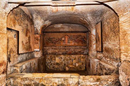 The basin of the frigidarium inside the Seven Wise Men's spas, on the back wall of this tank is represented Venus coming out of the waters accompanied by Cupids, fish and crustaceansのeditorial素材