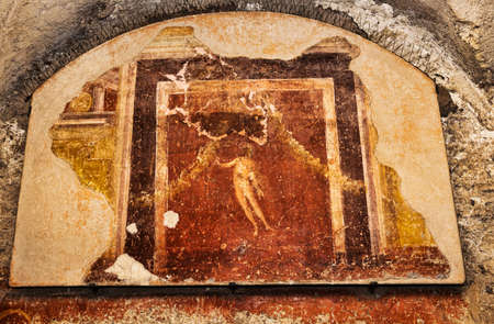Fresco in one of the rooms near the frigidarium of the seven wise men spas in the archaeological excavations of Ostia Antica - Romeのeditorial素材