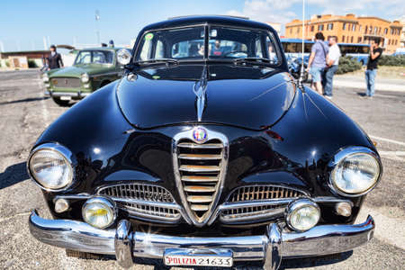 Rome,Italy - September 30, 2018: On the occasion of 50th anniversary of the foundation of the National Association of State Police, an outdoor exhibition of Alfa Romeo company vintage cars with famous model Alfa Romeo 1900 Super supplied to the Italian Poのeditorial素材