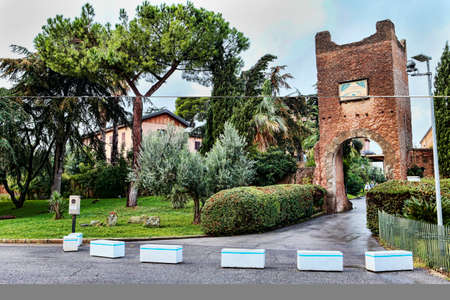 Castel di Leva Rome, Italy - October 6, 2018 :Landscape of the ancient Tower with the  entrance to the ancient  structure of the Sanctuary of the Divine Love, famous destination of Catholic pilgrimageのeditorial素材