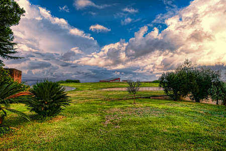 Sanctuary of Castel di Leva with a view of the crucifix of the new Sanctuary of the Madonna of Divineの写真素材