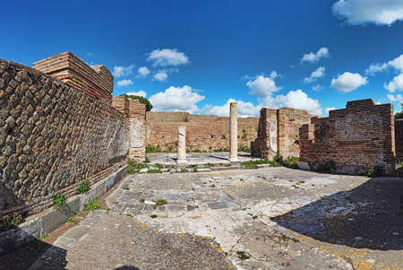 Roman empire panorama at archaeological excavations of Ostia Antica beautiful architecture with...