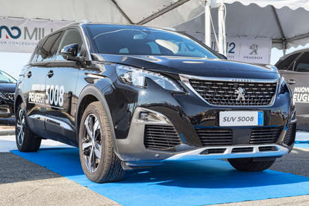 Rome,Italy - July 21, 2019:On occasion of  Rome capital city Rally event, the motor showrooms exhibit new cars models : A new SUV 5008 from Peugeot automaker.のeditorial素材