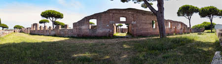 Panoramic 180 degrees outside the Garden Houses located in the archaeological excavations of Ostia Antica in Rome, Italyの写真素材
