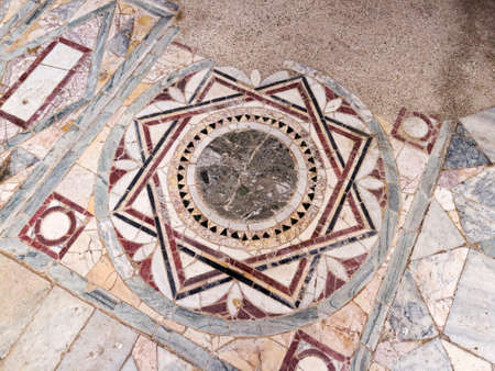 Particular of the polychrome opus sectile of the room with the three-light window in the Domus of Nymphaeum located archaeological excavations of Ostia Antica in Romeの写真素材