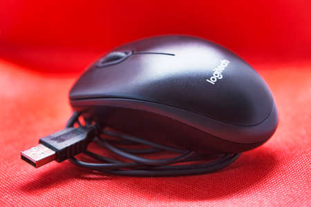 Rome,Italy - May 18, 2020: The wavy lines of black mouse from Logitech a Swiss computer and peripherals company and electronic accessories like webcams, speakers and more.のeditorial素材