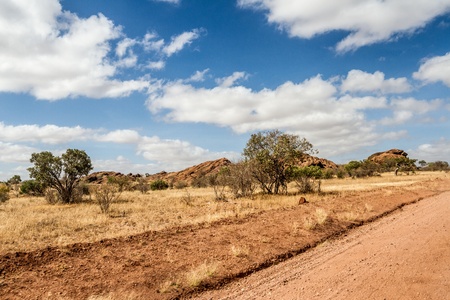 African landscape with dramatic clouds in Tsavo National Park, Kenyaの写真素材