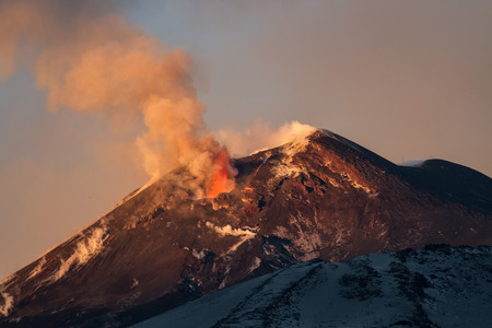 Volcano eruption. Mount Etna erupting from the crater Chasmの写真素材