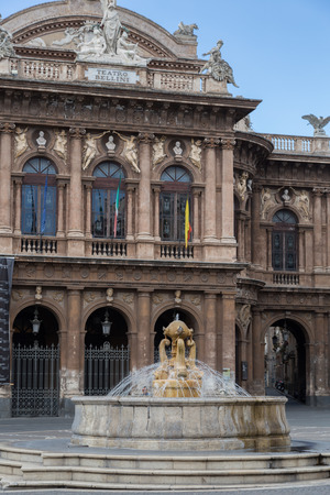 CATANIA, ITALY - October 7, 2017: Theater and fountain on Piazza Vincenzo Bellini in Catania, Sicily, Italy. Teatro Massimo Bellini.のeditorial素材