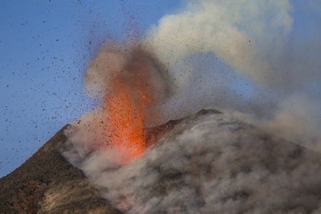 Volcano Etna eruption - Explosion and lava flow in Sicilyの写真素材