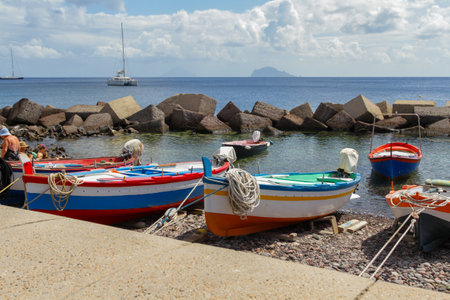 Fishing boats on the shore of the island of Salina, Aeolian Island, Sicily - Italyの写真素材
