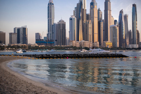 Dubai Marina skyscrapers at sunsetの写真素材