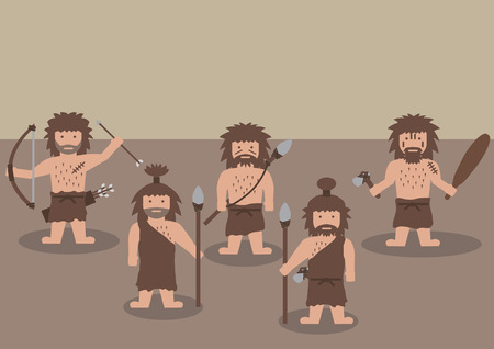 Vector caveman warrior ancient men with weapon flat graphicのイラスト素材