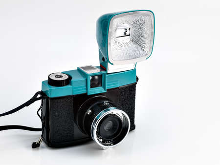 platic vintage camera equiped with flash lightの写真素材