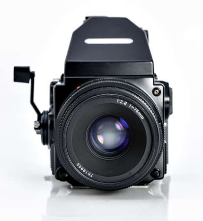 Vintage medium format camera on white backgroundの写真素材