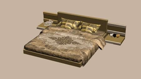 3D rendering of wooden bed with blanket and pillow, 3d bedroom design images, wooden bed illustrationの写真素材