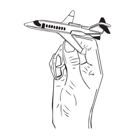 sketch drawing hand holding airplane, line art illustration silhouette of hand holding airplane for aviation and travel business poster and banner designingの写真素材