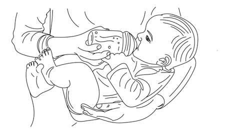 Sketch drawing of mother feeding baby with baby milk bottle, Baby feeding bottle Vectors & Illustrations, Baby milk bottle cartoon Black & White Stock Photosの写真素材