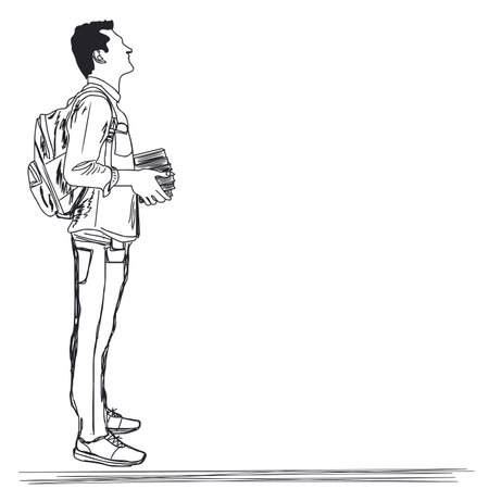 Sketch drawing of young college student in standing pose and holding book, Silhouette of collage going student holding bag on his back and holding books in his handの写真素材