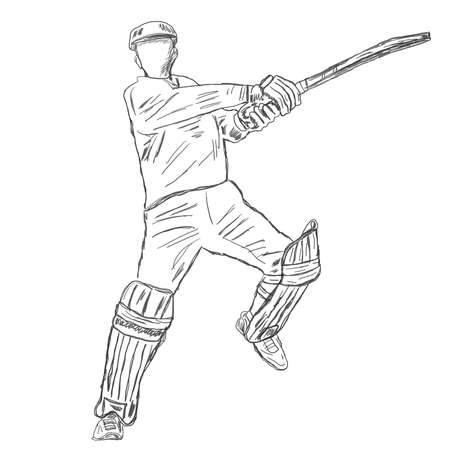Cricket Vector, Sketch drawing of cricket batsman playing square Cut shot, Line art illustration silhouette of Cricket Playerの写真素材