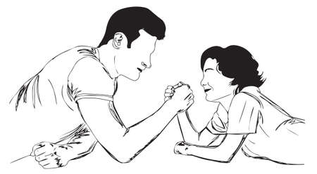 Sketch drawing of father and son doing hand fighting, Line art illustration of father and son relationship, Silhouette of father and son playingの写真素材