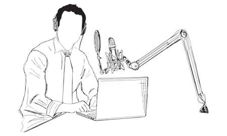 Podcast Man Vector, Sketch drawing of man doing podcast on mic, Silhouette of podcast setup with man, Line art illustration of podcast doing professional manの写真素材