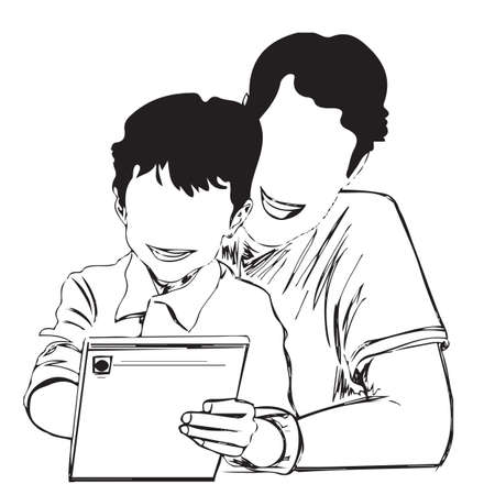 Father helping his son doing study on digital tab, Sketch drawing of dad helping son studying online on digital tab, Silhouette of father and son studyingの写真素材