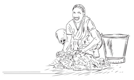 Sketch drawing of Indian young woman washing clothes in village, Line art illustration vector drawing of Indian Village woman washing clothes near village lake, Silhouette of Indian girl washing clothesの写真素材