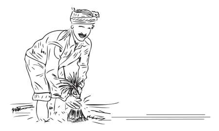 Sketch drawing of Indian farmer for documentary and news article illustration, Line art Illustration of Indian farmer doing work in farm, Silhouette vector of Farmer doing hard workの写真素材