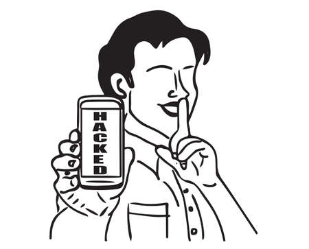 Mobile Phone vector, Sketch drawing of hacker boy showing a mobile which he hacked, Silhouette of Mobile hackerの写真素材