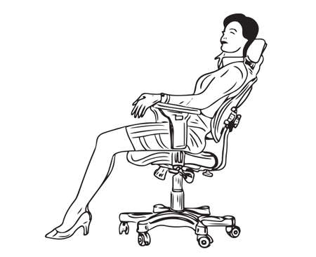 Sketch drawing of woman sitting on comfortable revolving chair, Line art illustration of girl sitting on revolving chair, Silhouette of revolving chairの写真素材